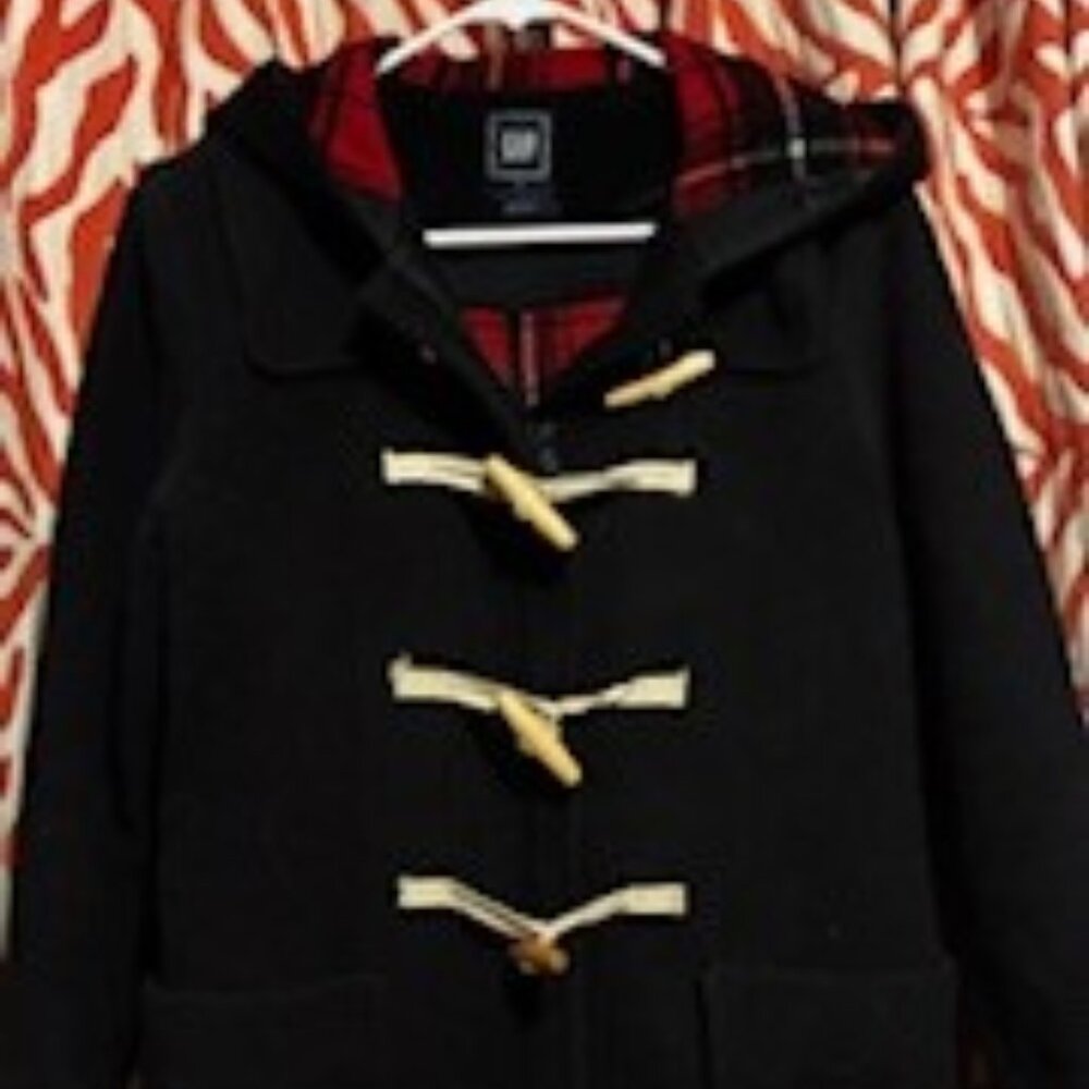 Women's Black Pea Coat, hood, Wool blend, Red flanel lining, zipper and toggles